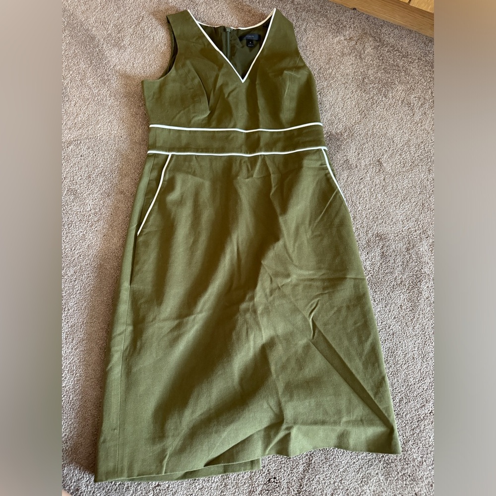J. Crew Olive V neck Piped Dress - Picture 2 of 8